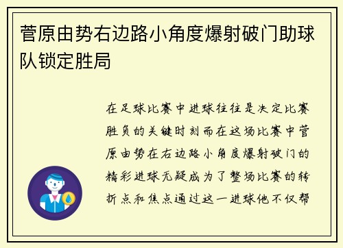 菅原由势右边路小角度爆射破门助球队锁定胜局